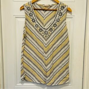 Soft Surroundings Nissi Beach Gauze Tank Womens XL Grey & Yellow Hand Beaded